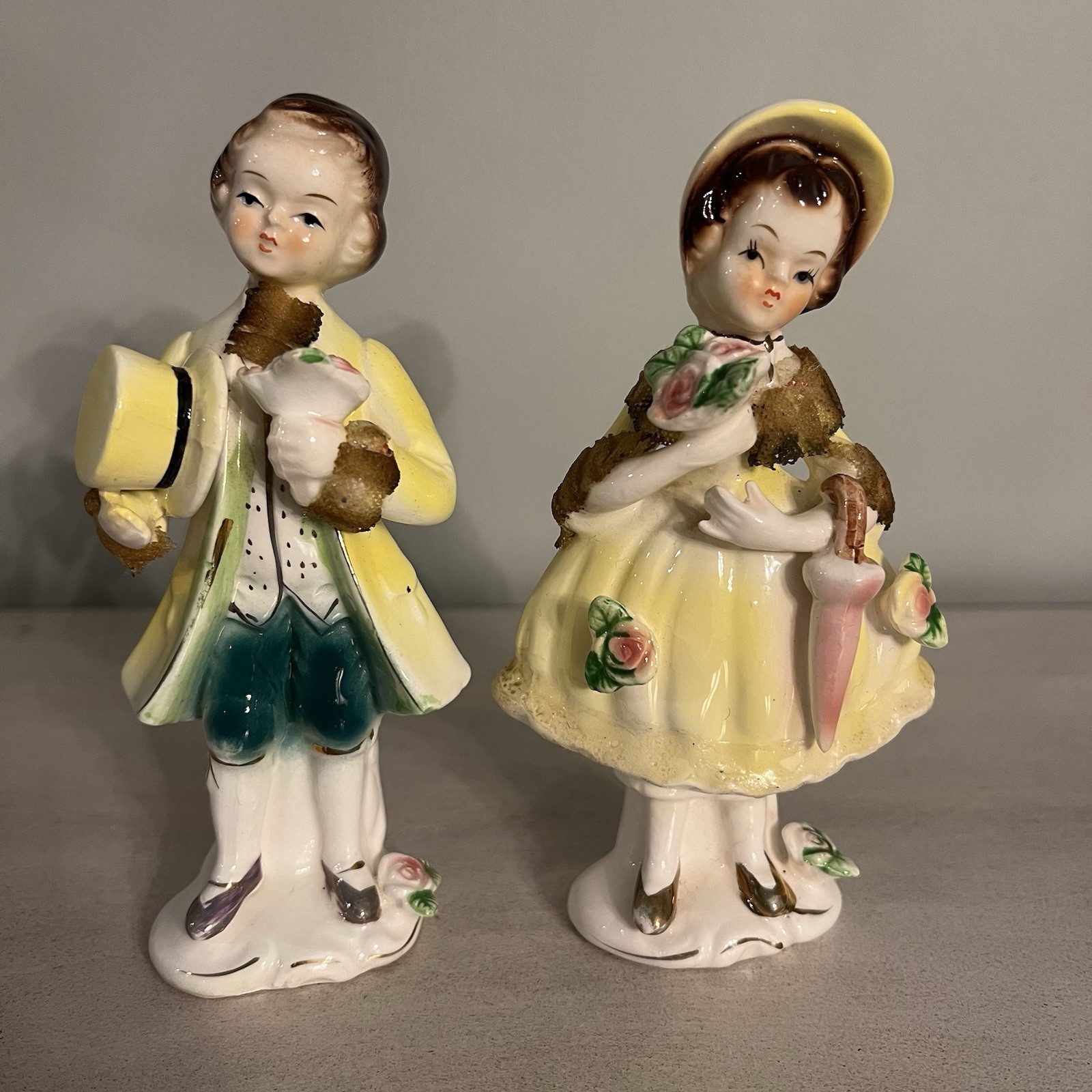 Vintage Arnat Pair Yellow Dress Girl & Yellow Top Hat Boy Figurines Japan Vintage Arnat Pair Yellow Dress Girl & Yellow Top Hat Boy Figurines Japan