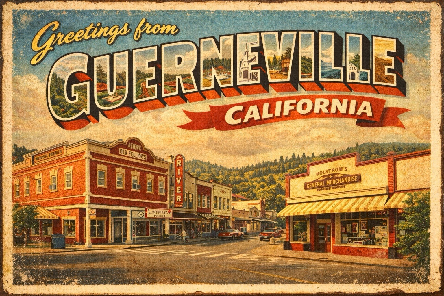 Greetings From Guerneville, California MODERN Vintage-inspired Postcard D80