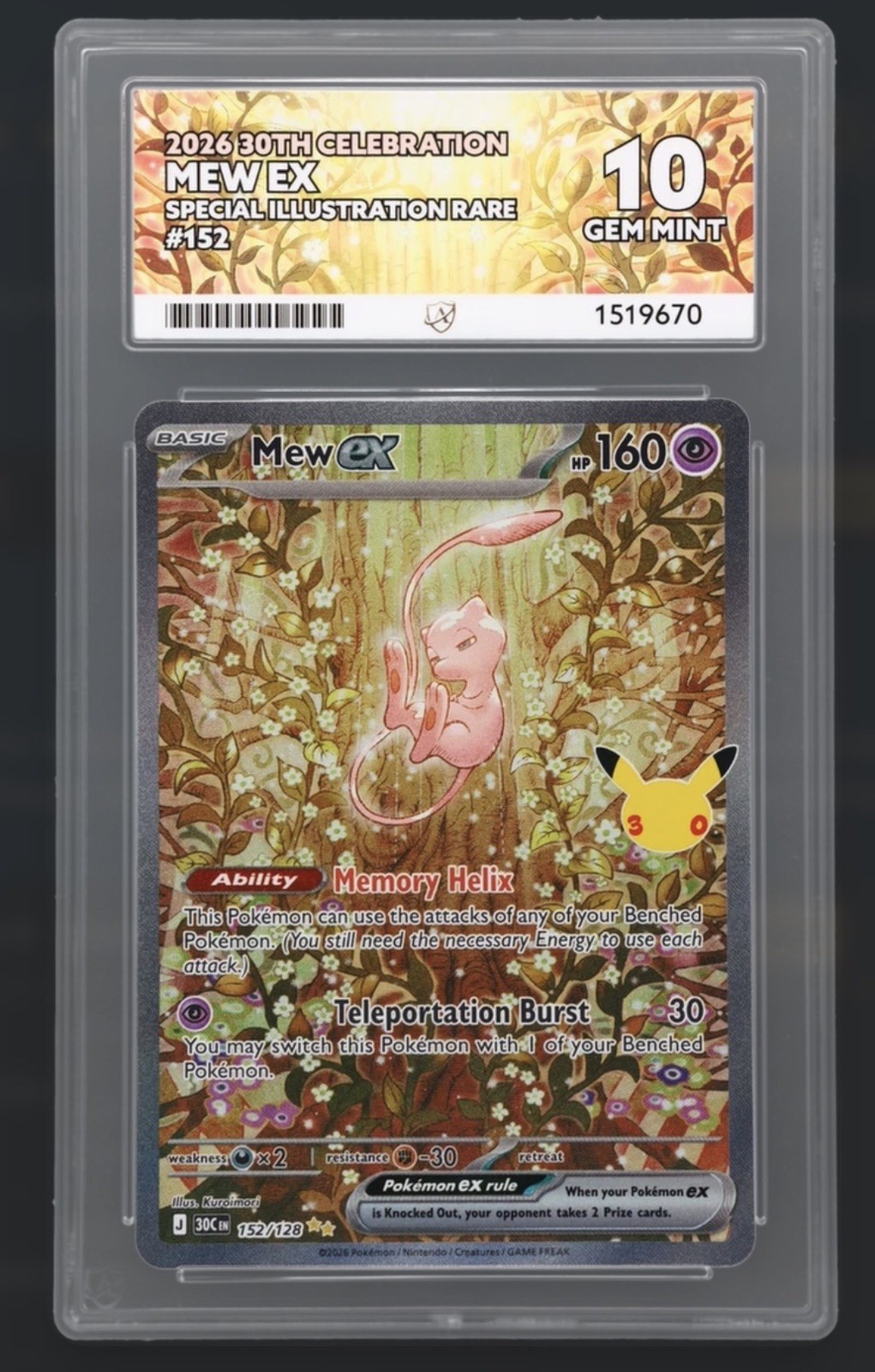 Pokemon TCG - 30th Celebration - Mew ex 152/128 Holo - Graded ACE 10 (GEM MINT)