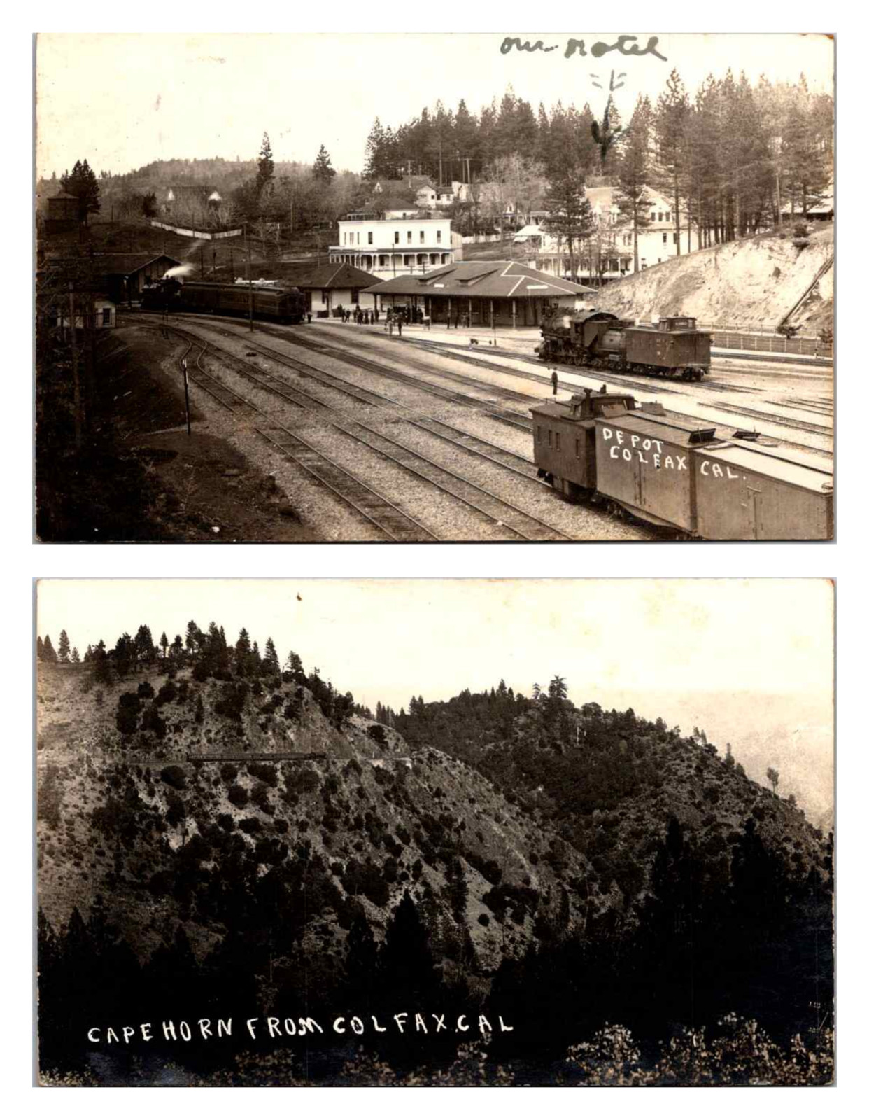 Colfax California RPPC Train Depot 1919 + Cape Horn Southern Pacific Real Photo