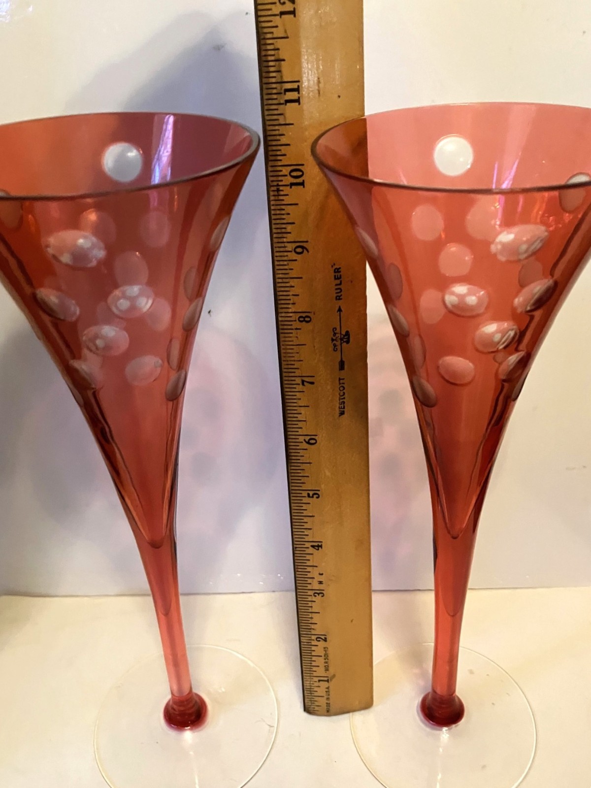 Bohemian Czech Crystal Champagne Glasses Cut to Clear Dots 2 Red Flutes 10.5\