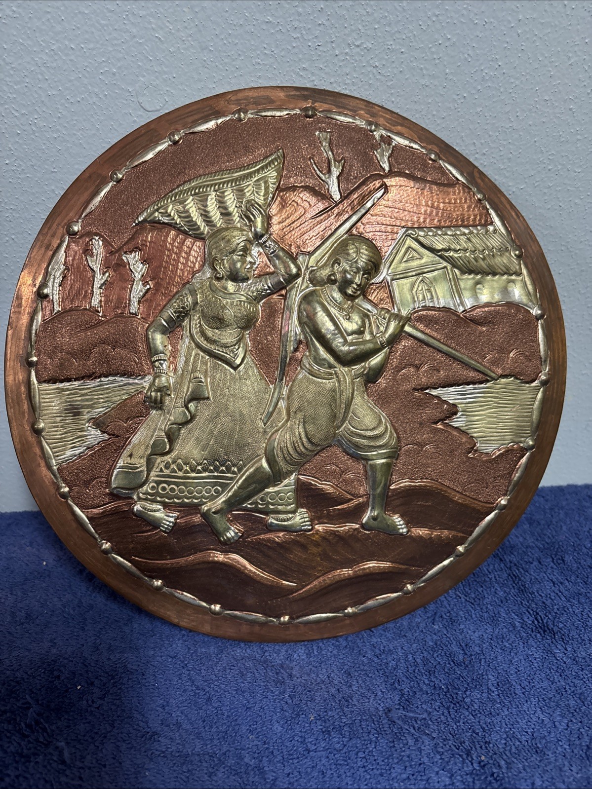 Vintage Copper Fine Farmer Couple Embossed Round Wall Hanging Plate