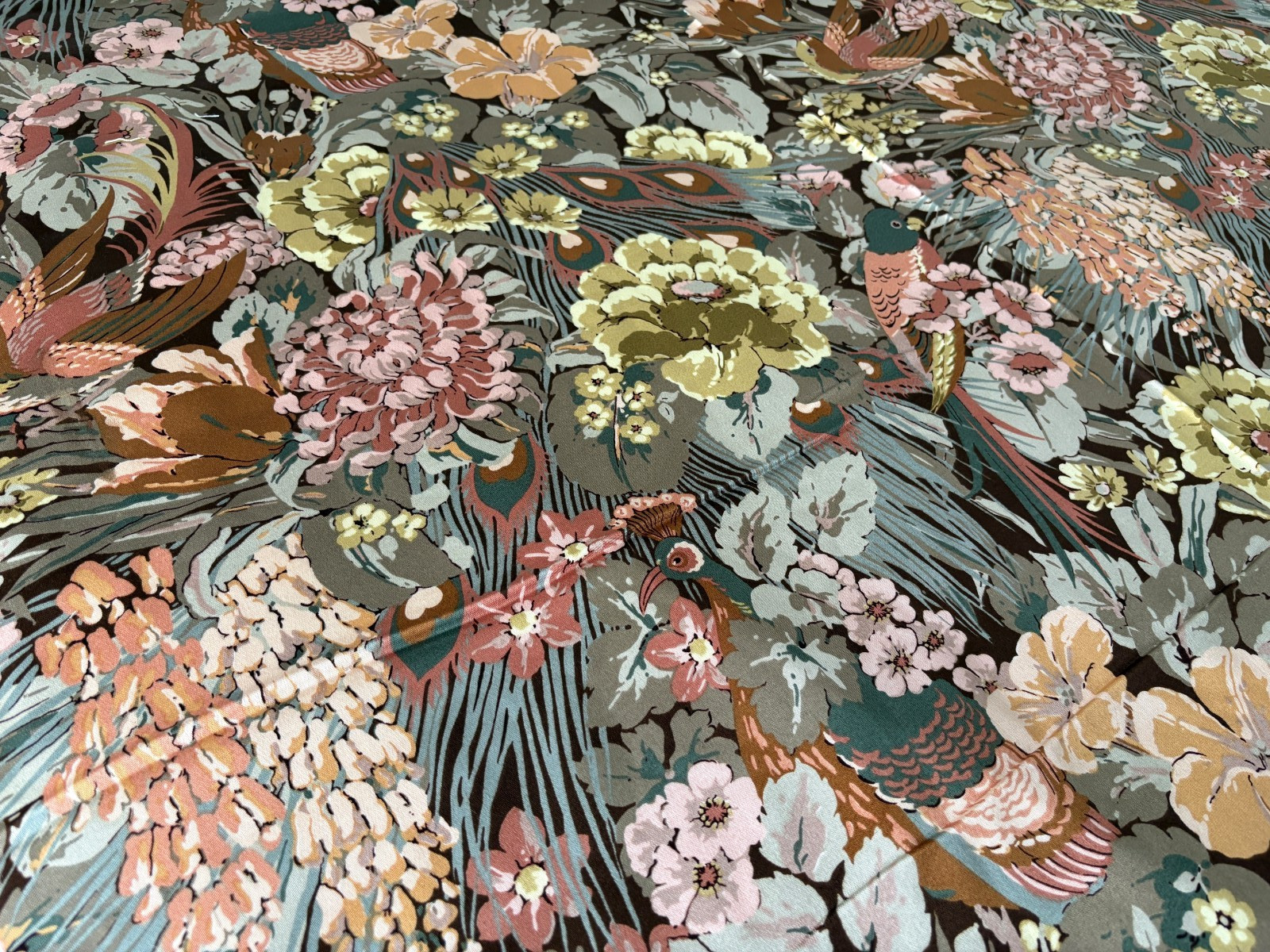 Vintage Late 1960s Sanderson Fabric 5.94 Metres Fine CottonPeacock Bird Foliage