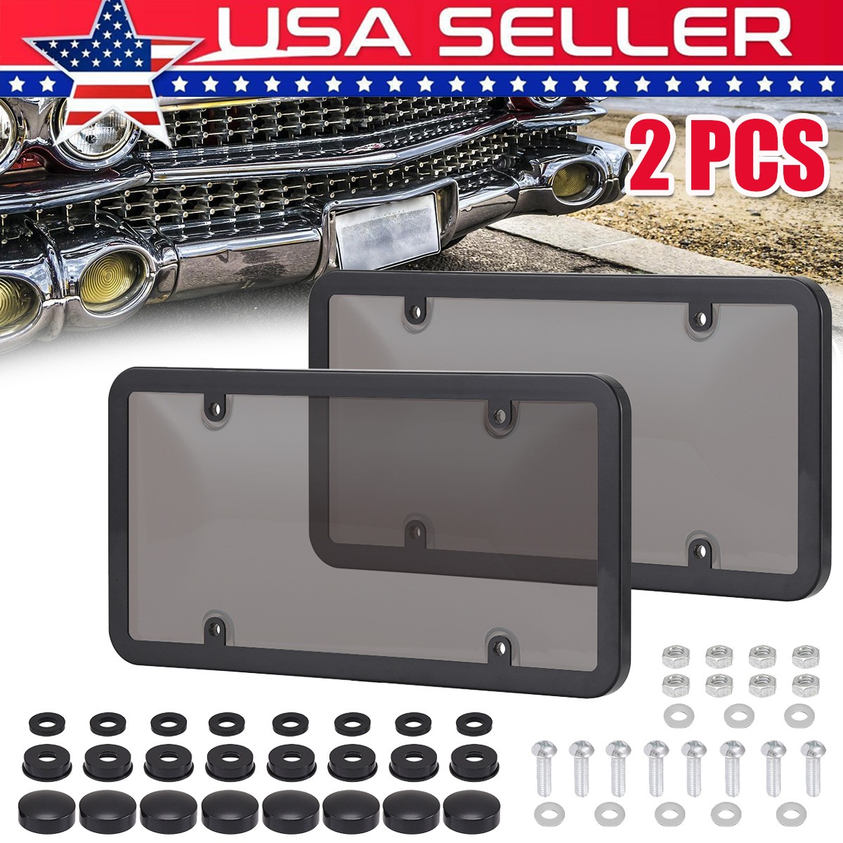 2PCS Waterproof Black Frame License Plate Cover Bubble Lens Universal Car Truck