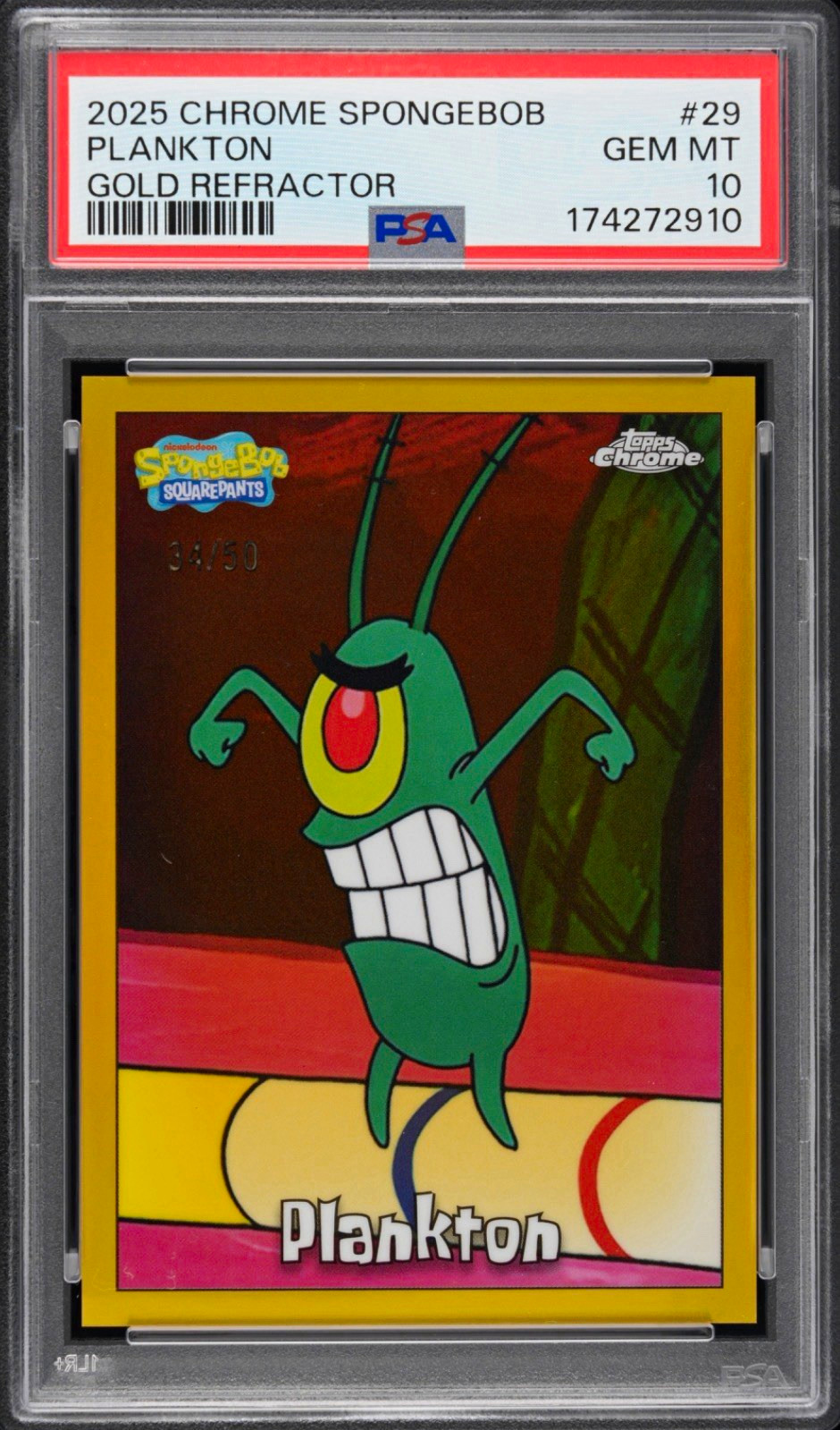 Topps 2025 Chrome SpongeBob Plankton Gold Refractor 34/50 PSA 10 #29