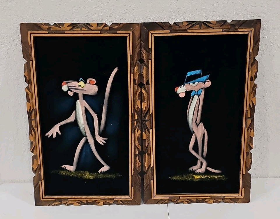 Rare Hanna Barbera Pink Panther Mexico Pair Framed Black Velvet Painting 22”x13” Rare Hanna Barbera Pink Panther Mexico Pair Framed Black Velvet Painting 22”x13”