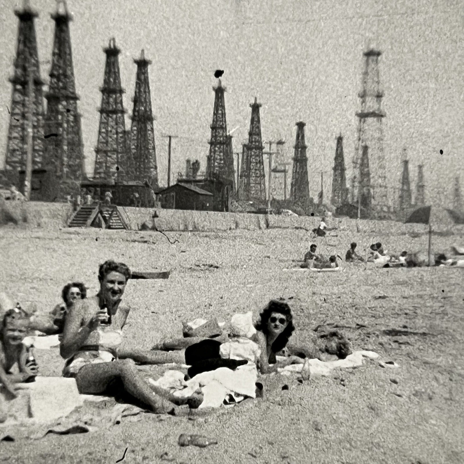 Vintage Snapshot Photograph Oil Derricks Sunbathing Huntington Beach CA Odd