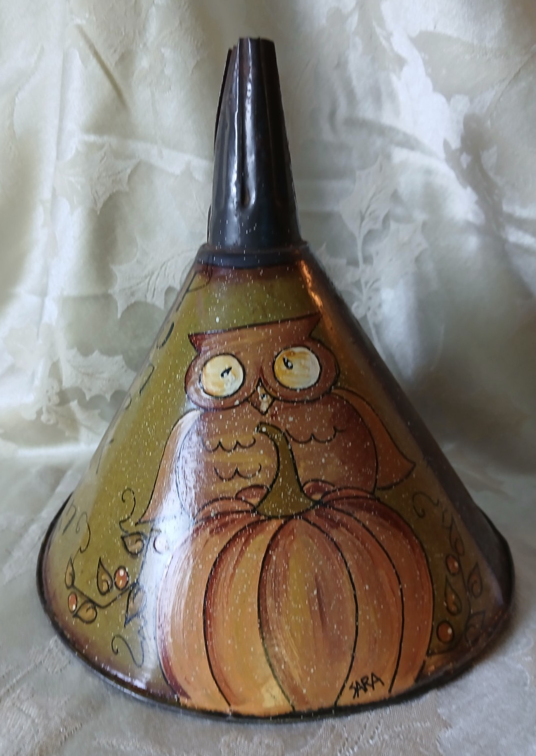 Vintage Hand Painted Fall, HALLOWEEN Metal FUNNEL by Sara
