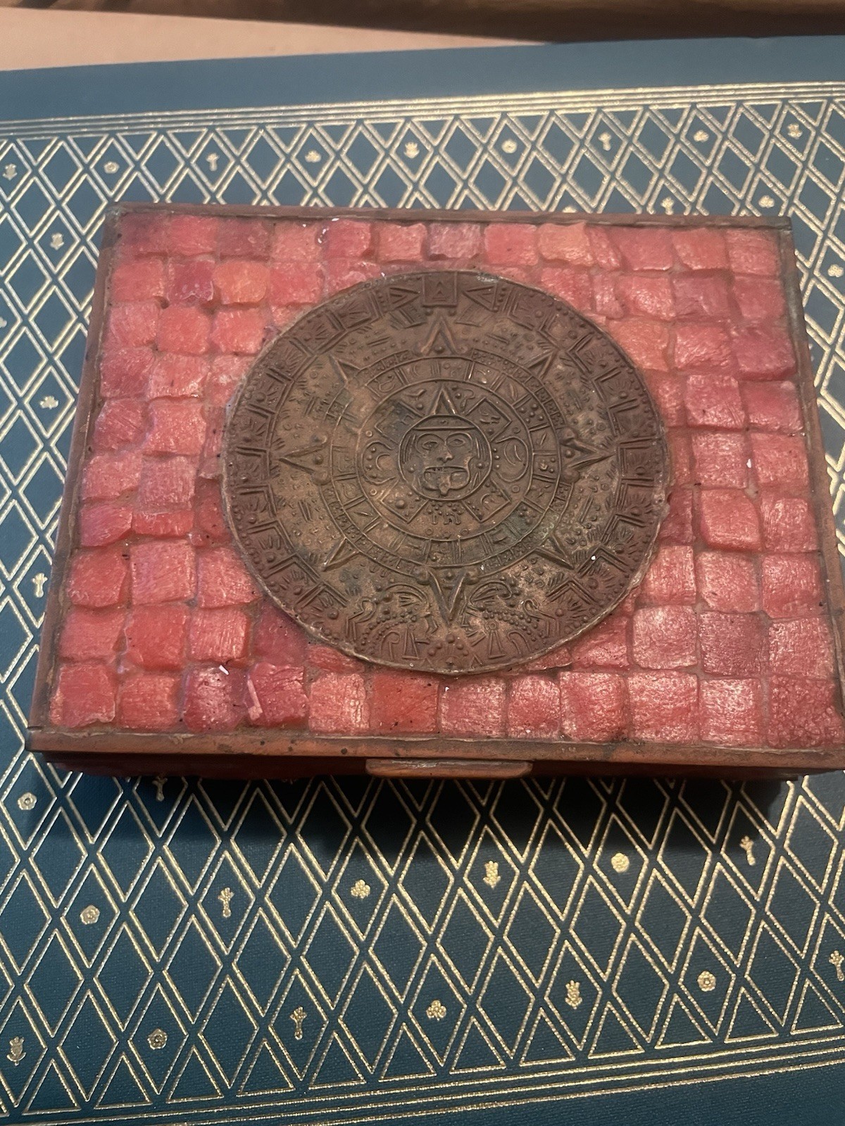 Rare Vtg MCM Mexican Brass Salmon Tile Mosaic Box Aztec Calendar Stone Taxco Era