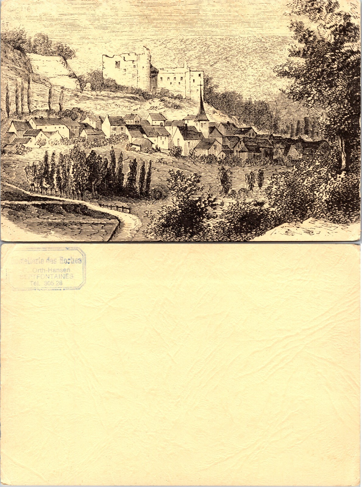 Continental Village and Hilltop Castle Etching Postcard
