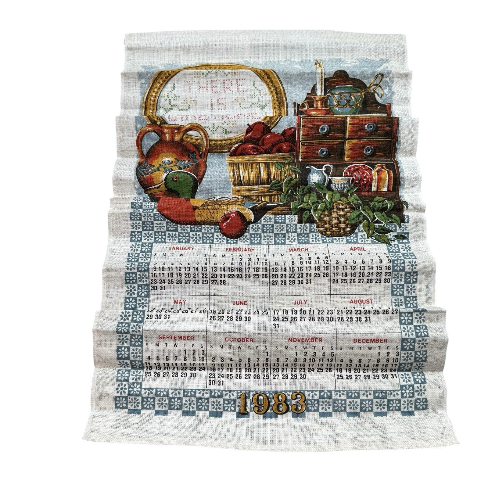 VTG 1983 Linen Calendar Tea Towel Country Duck Primitive NEW Dowel Grandma