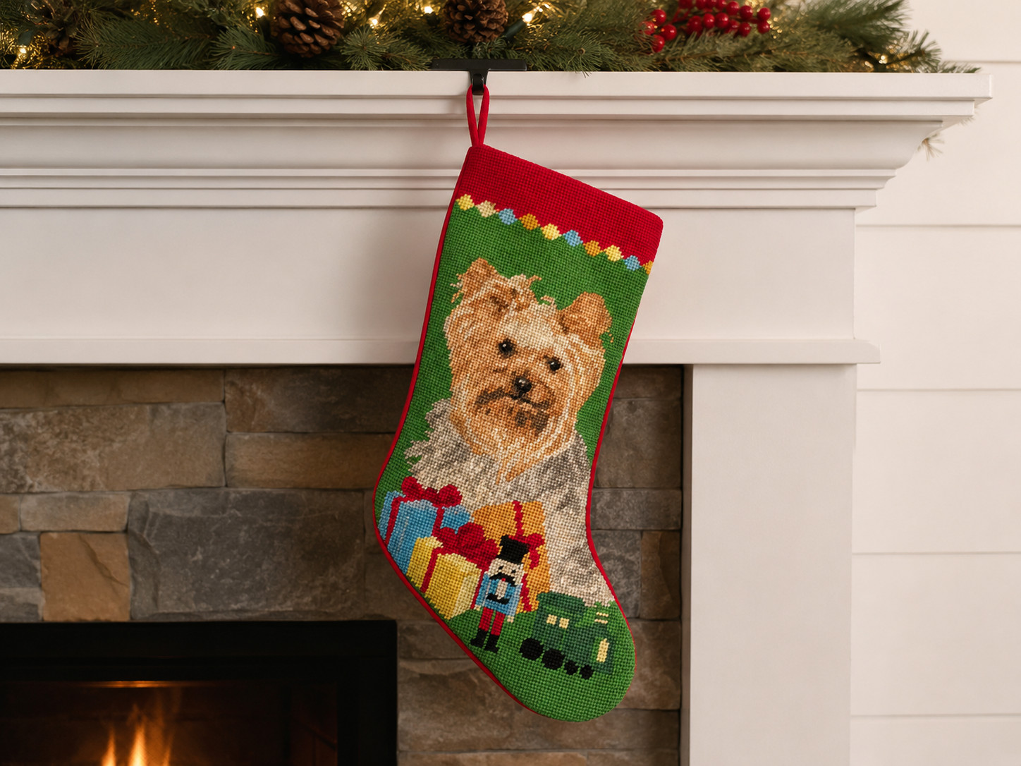 VTG Yorkie Yorkshire terrier needlepoint Christmas stocking NWT