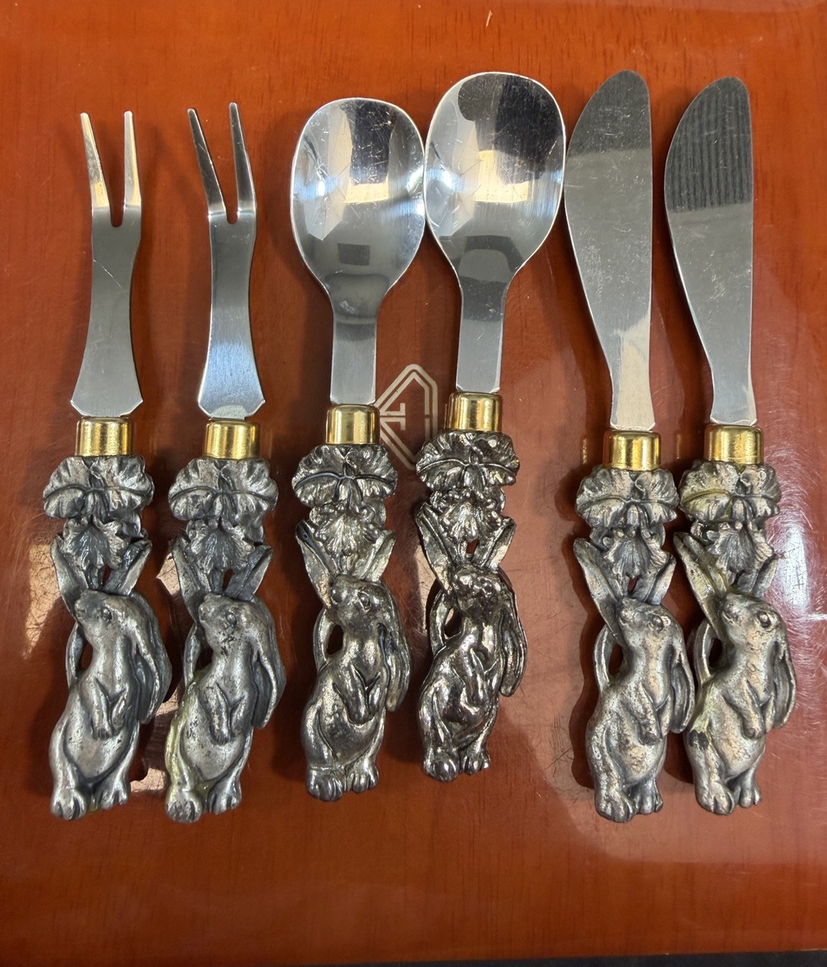 Vintage Arthur Court Rabbit Appetizer Forks & Spoon Pewter Handles Lot Of 6