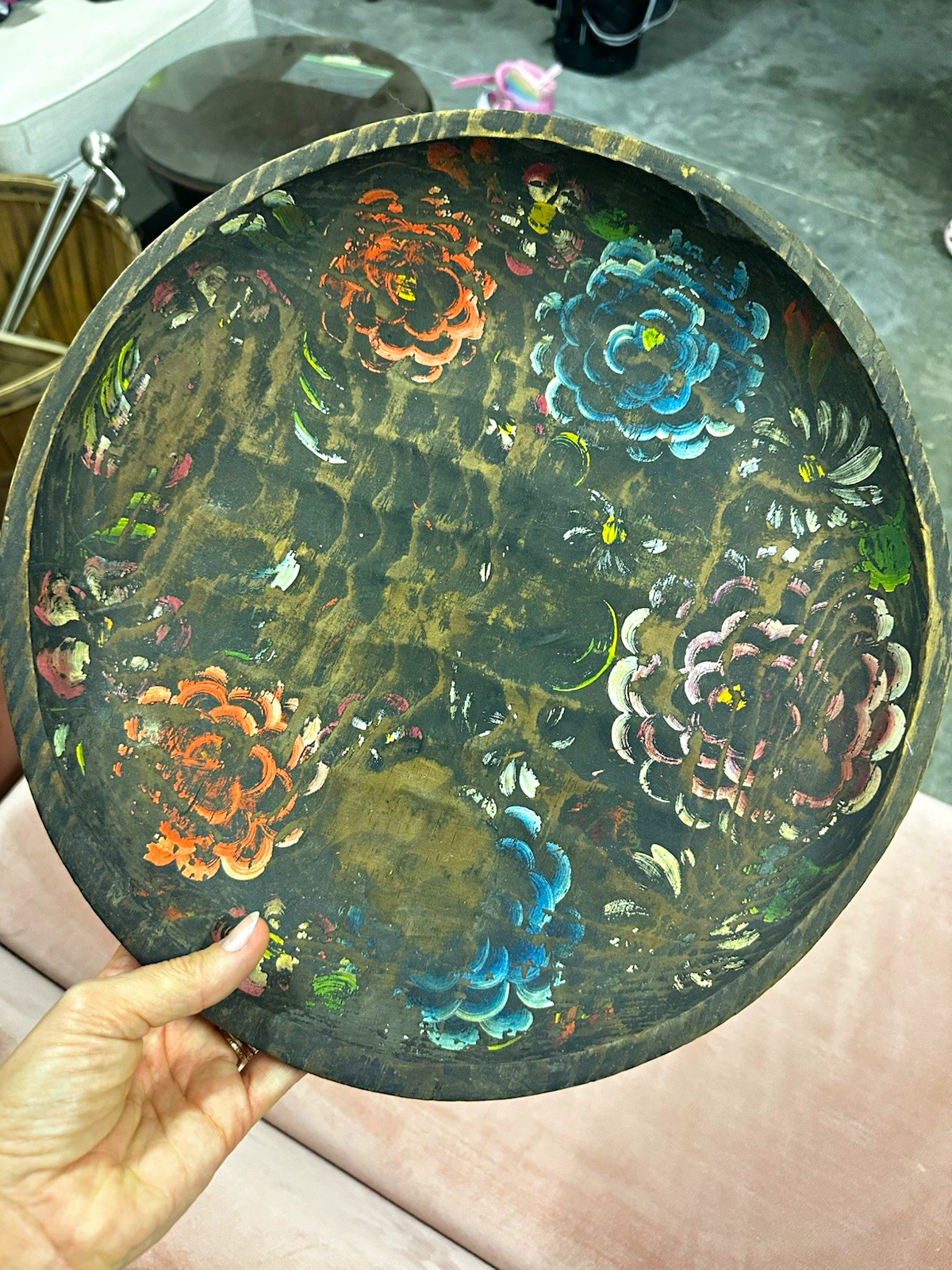 Vintage Mexican Folk Art Batea Bowl 15” Hand Painted Floral Carved Wood Tray Vintage Mexican Folk Art Batea Bowl 15” Hand Painted Floral Carved Wood Tray