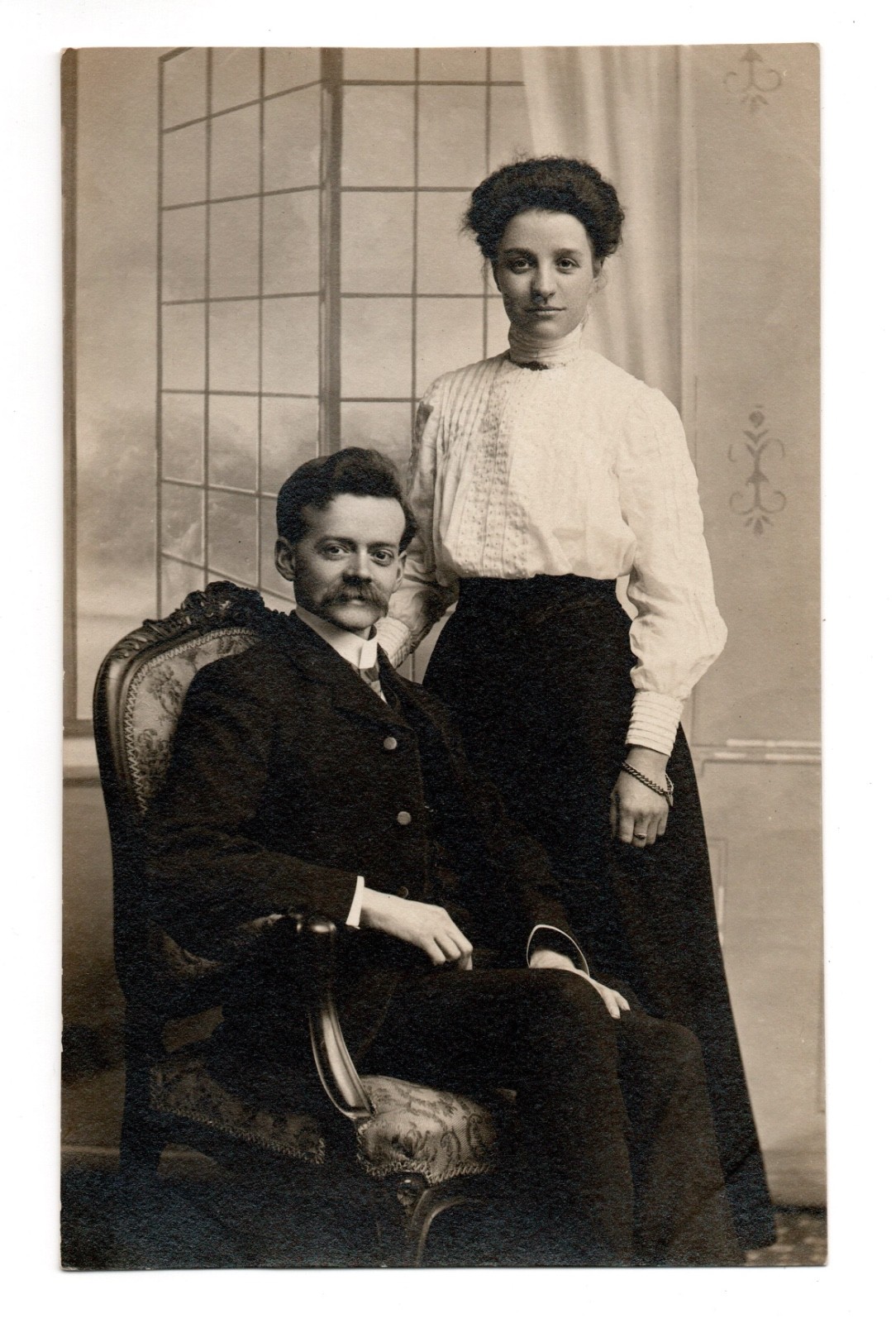 Edwardian Studio Portrait Man & Woman Real Photo Postcard RPPC Unposted Edwardian Studio Portrait Man & Woman Real Photo Postcard RPPC Unposted