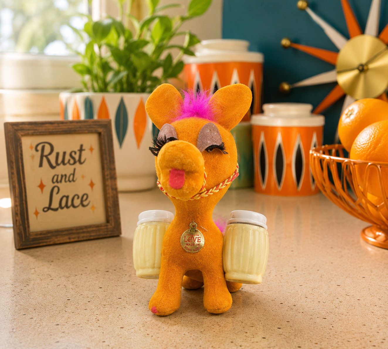Vintage Orange Flocked Donkey Salt Pepper Shakers Hong Kong Love Charm