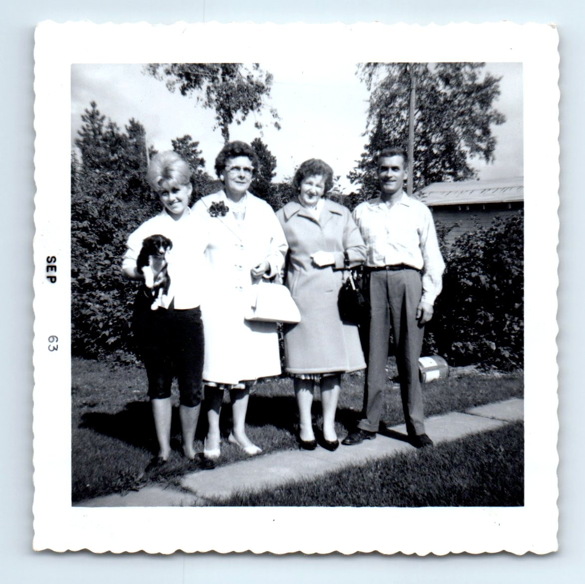 Old Vintage Square Photo MAN WOMEN HOLDING PUPPY DOG 1963 ANTIQUE SNAPSHOT