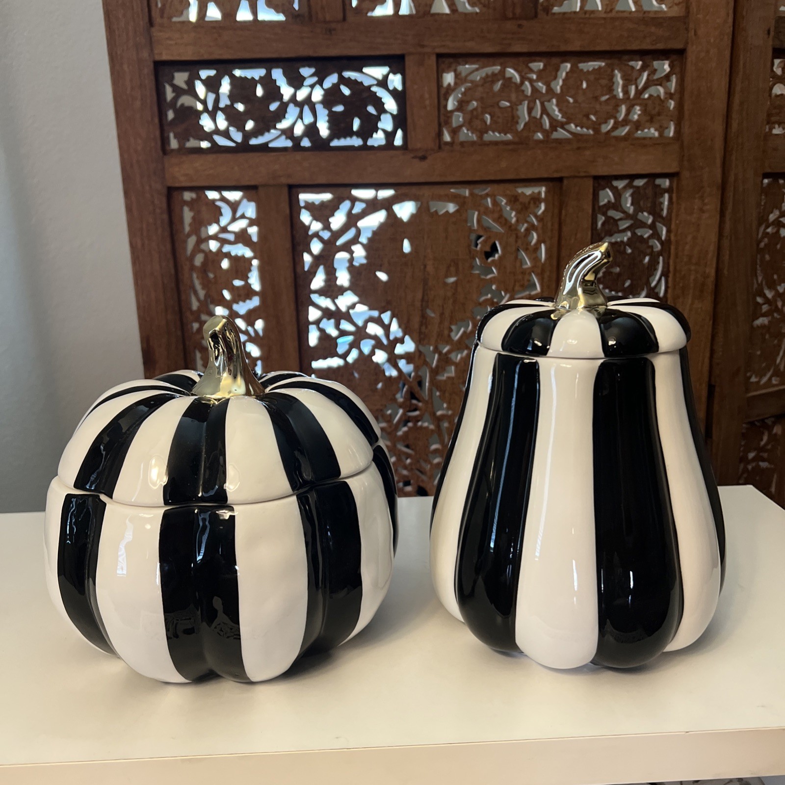 Striped Pumpkin PAIR Canister Jars 8 inch Mackenzie Childs Style Ceramic NEW x2 Striped Pumpkin PAIR Canister Jars 8 inch Mackenzie Childs Style Ceramic NEW x2