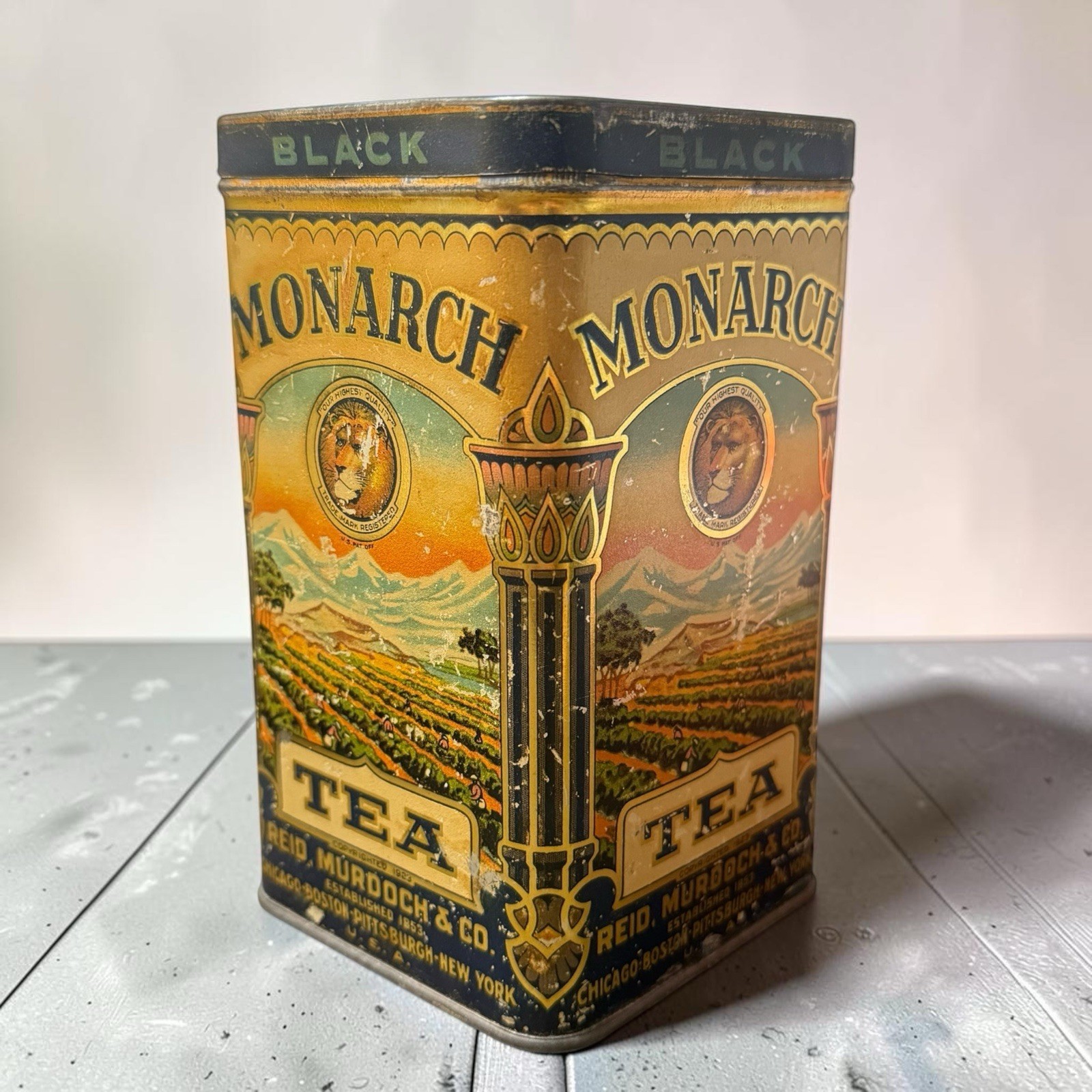Monarch Vintage Orange Pekoe Black Tea Advertising Tin Canister Multicolor 5.5”