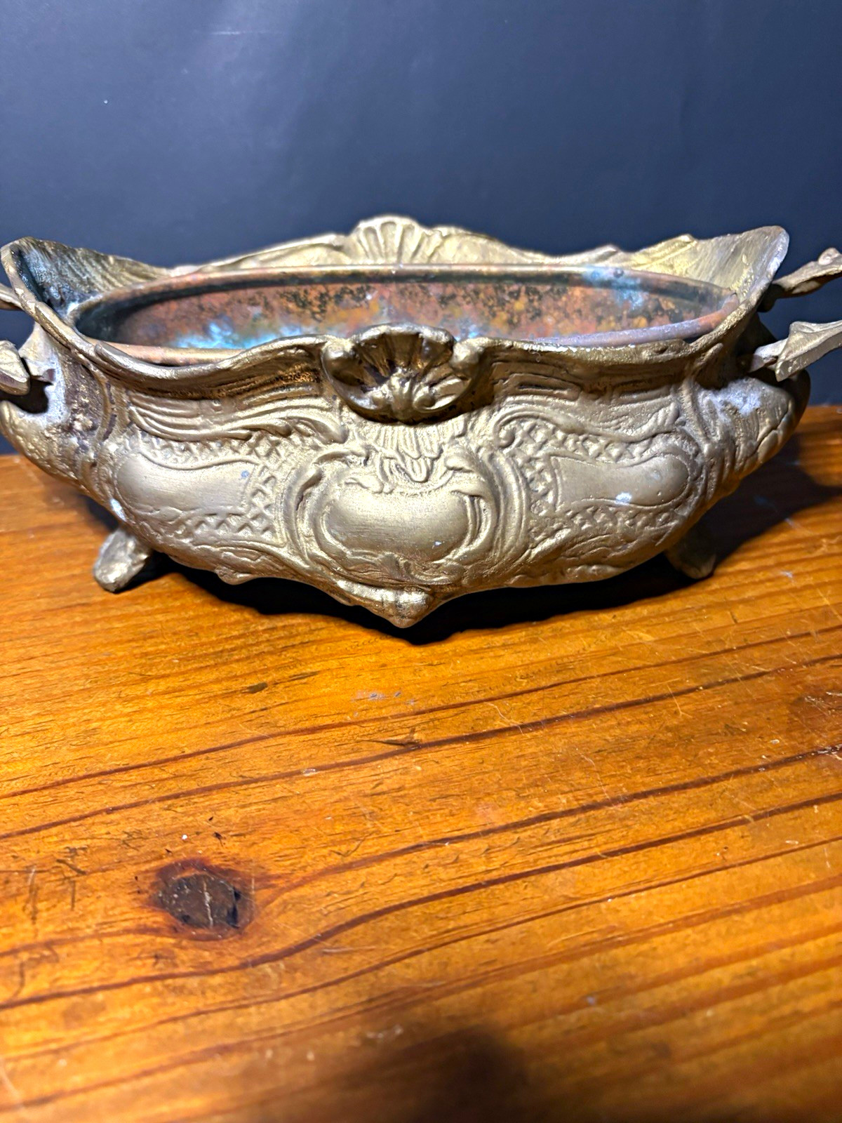 Victorian Oval Planter Antique Gold Metal Handles Jardiniere Patina 10 by 3 by 4