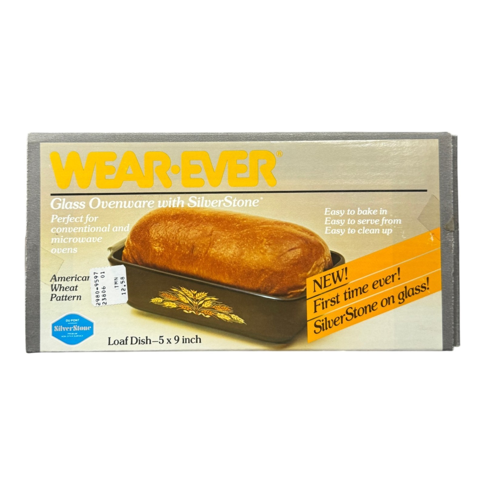 Vintage Wear Ever SilverStone Glass Loaf Pan 5x9 Wheat Pattern with Box NOS