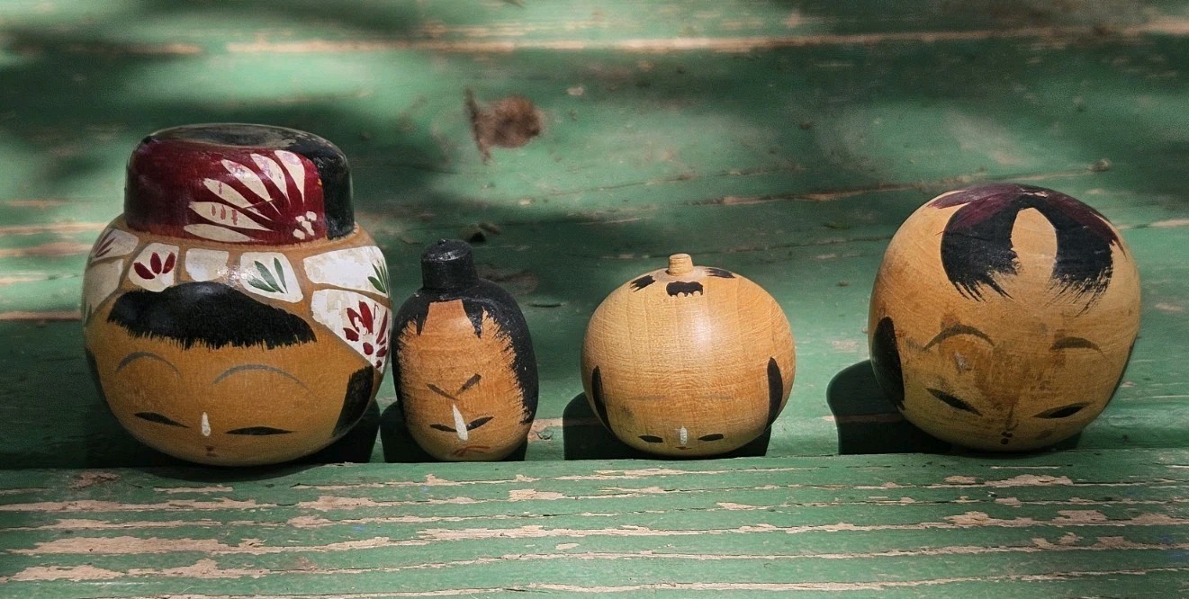 Vintage LOT 4 Kokeshi HEADS No Bodies Happy Angry Faces Quirky Paint Wear Vintage LOT 4 Kokeshi HEADS No Bodies Happy Angry Faces Quirky Paint Wear