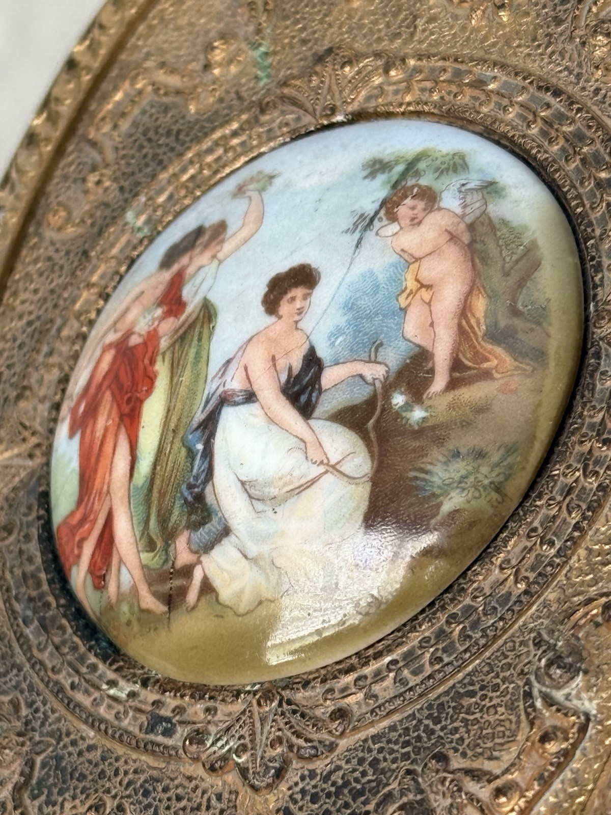 Antique Hand Brush Bronze Metal With Porcelain Handpainted Scene Victorian Era