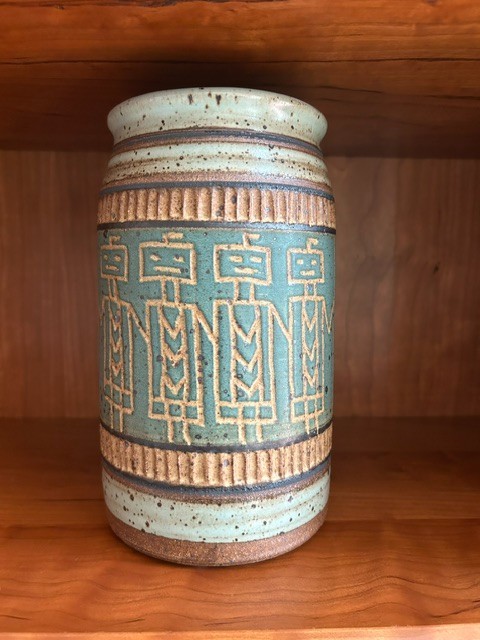 Large Green Signed Native American Style Vase Pottery with Corn Maiden Theme Large Green Signed Native American Style Vase Pottery with Corn Maiden Theme