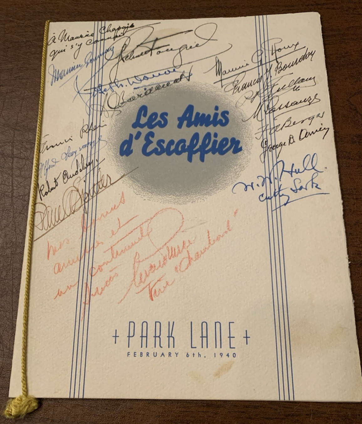 Top Chefs Signed Menu Les Amis d’Escoffier 1940--from Cookbook Passion research