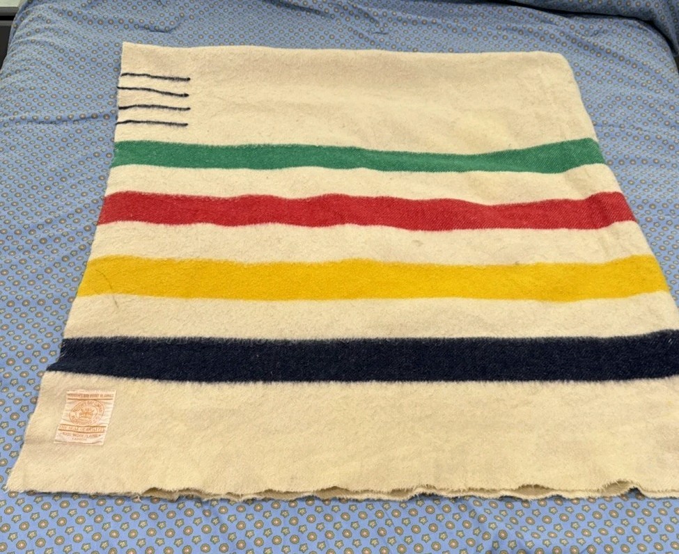 Vintage Hudson's Bay 4 Point Blanket Wool Striped Camp Beach England 86X76