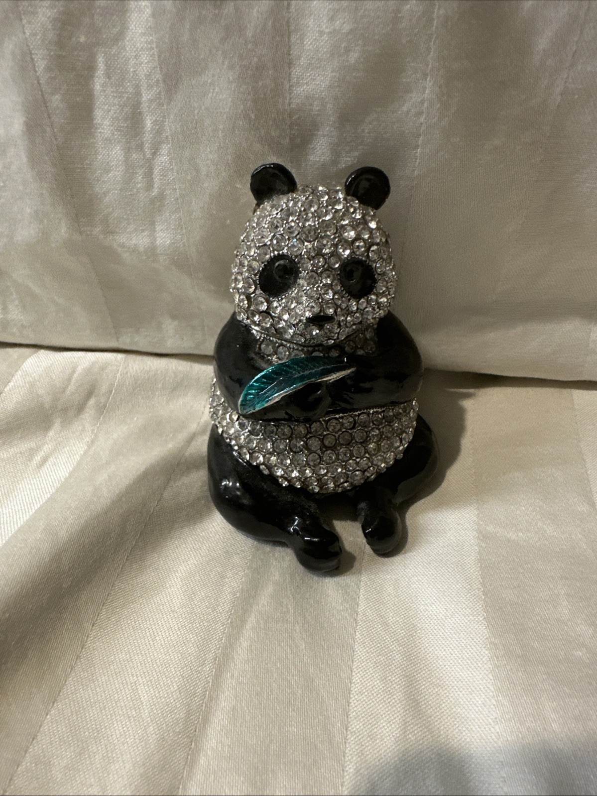 Enamel Bejeweled Panda with Leaf Trinket Box. Vintage 3”x2.5” Black & Rhinestone