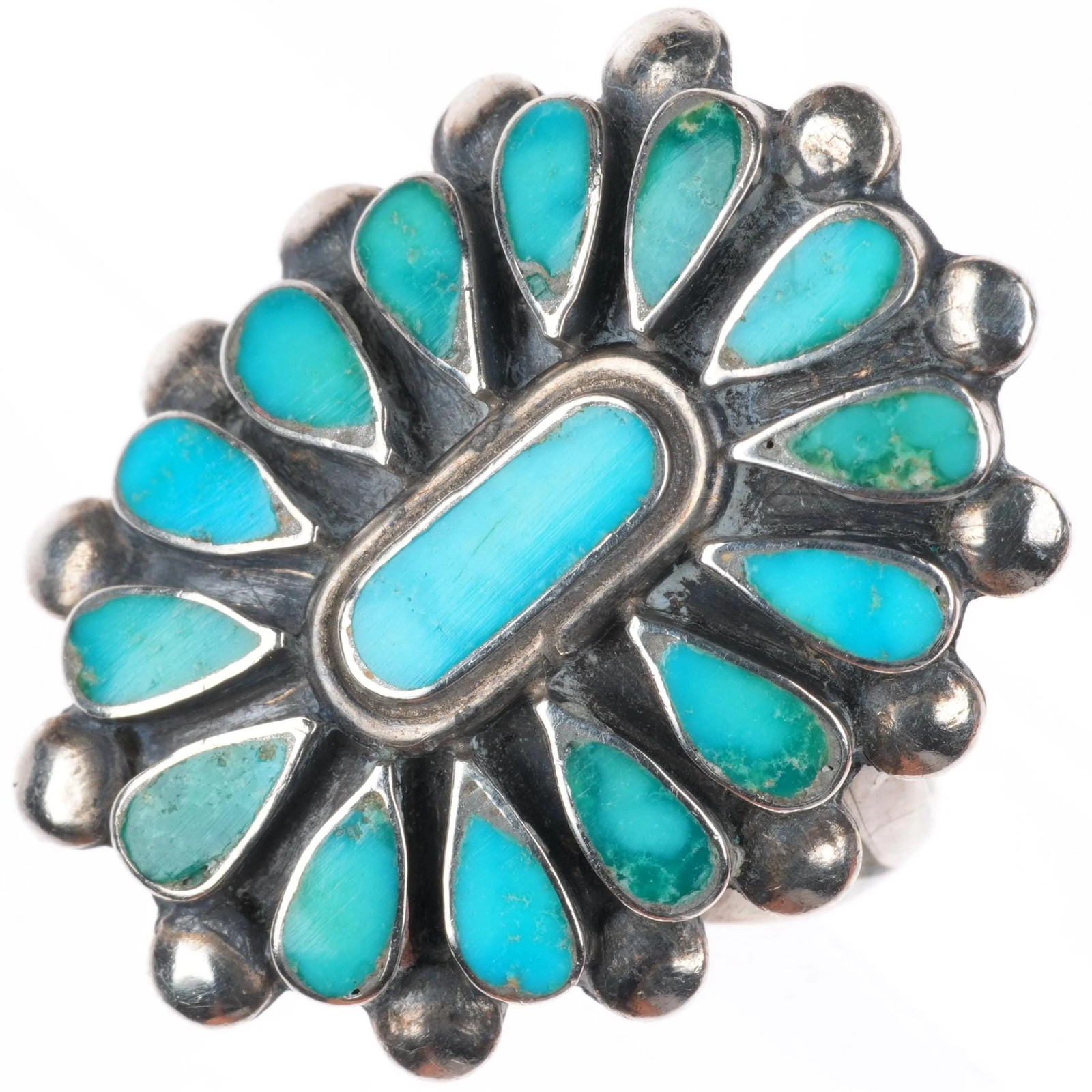 sz8 40\'s-50\'s Vintage Zuni sterling silver flush inlay turquoise cluster ring sz8 40\'s-50\'s Vintage Zuni sterling silver flush inlay turquoise cluster ring