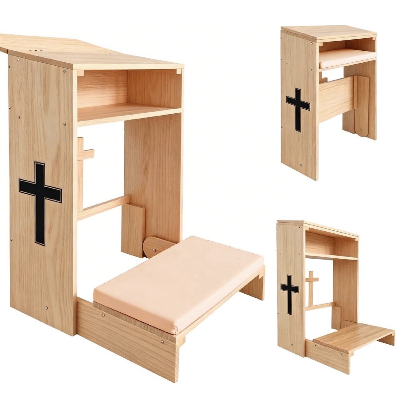 Wooden Prayer Kneeler with Storage Shelf & Cushion - Folding Prayer Bench 2392