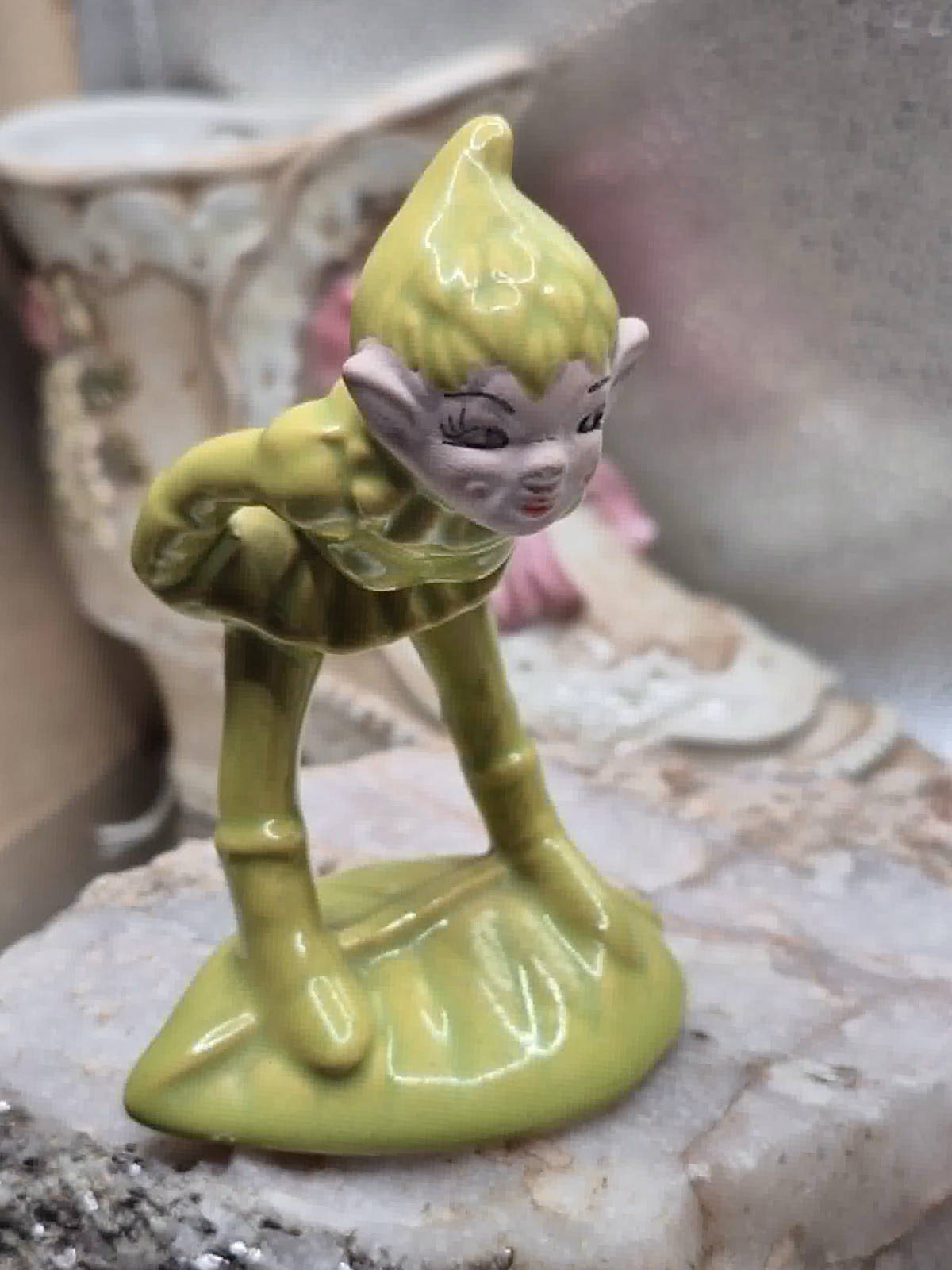 MCM Vintage Green Chartreuse Gilner Pixie - 1950s Elf Blowing Kiss in Leaf Hat
