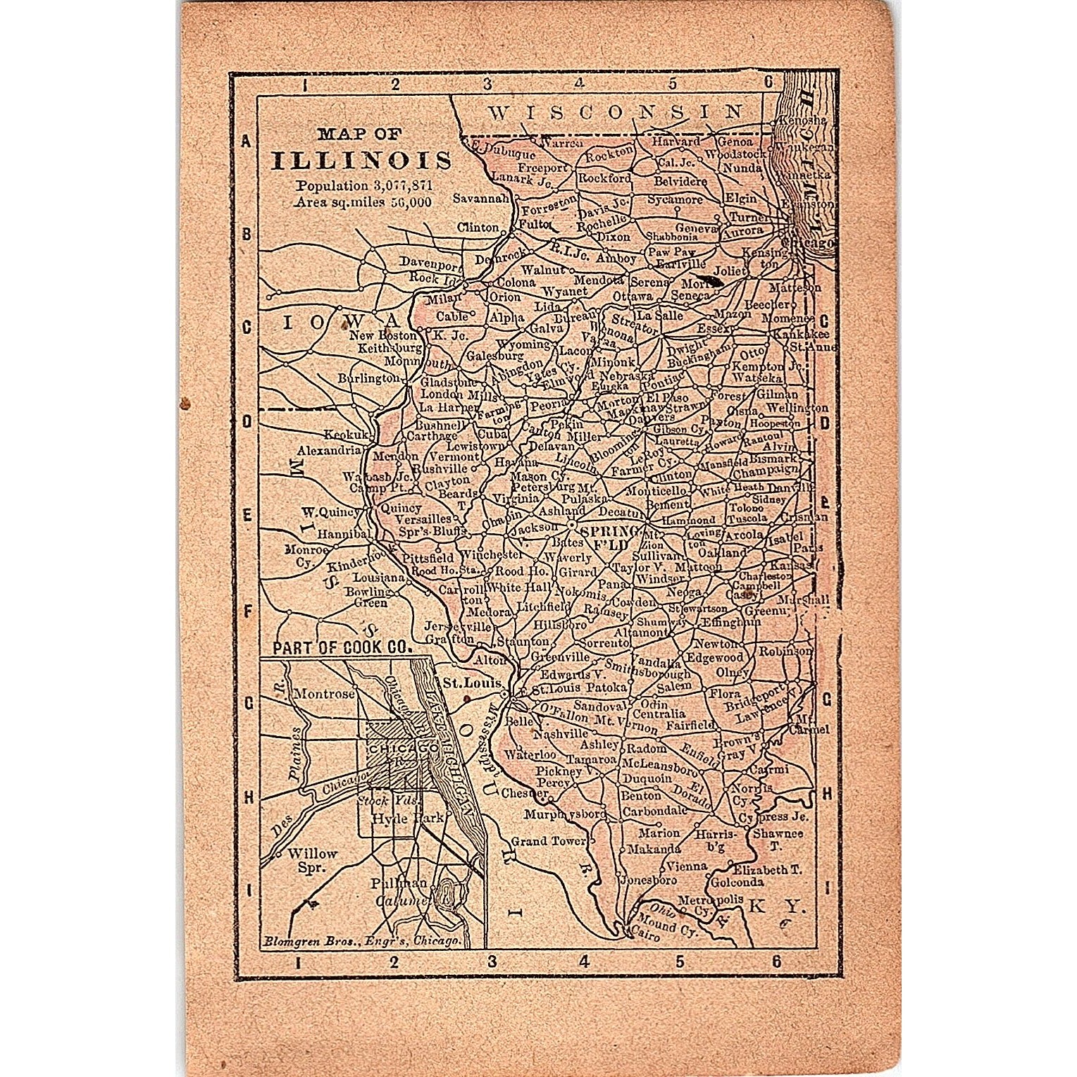 Antique 1889 Map of Illinois 1889 Pocket Map Engraving SAG4-H4