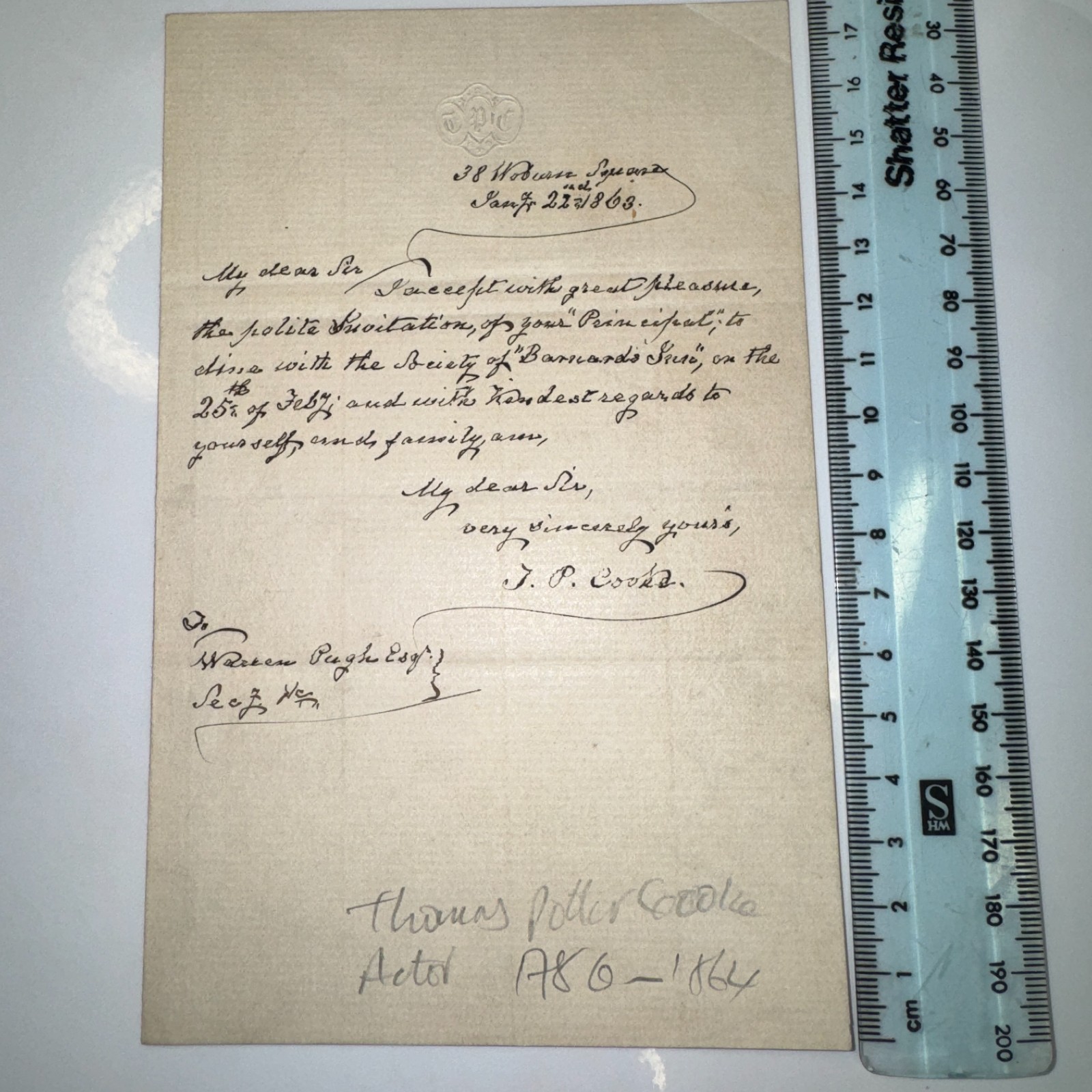 Thomas Potter TP Cooke Actor 1p ALS Autograph Letter 1863 - Society Barnards Inn