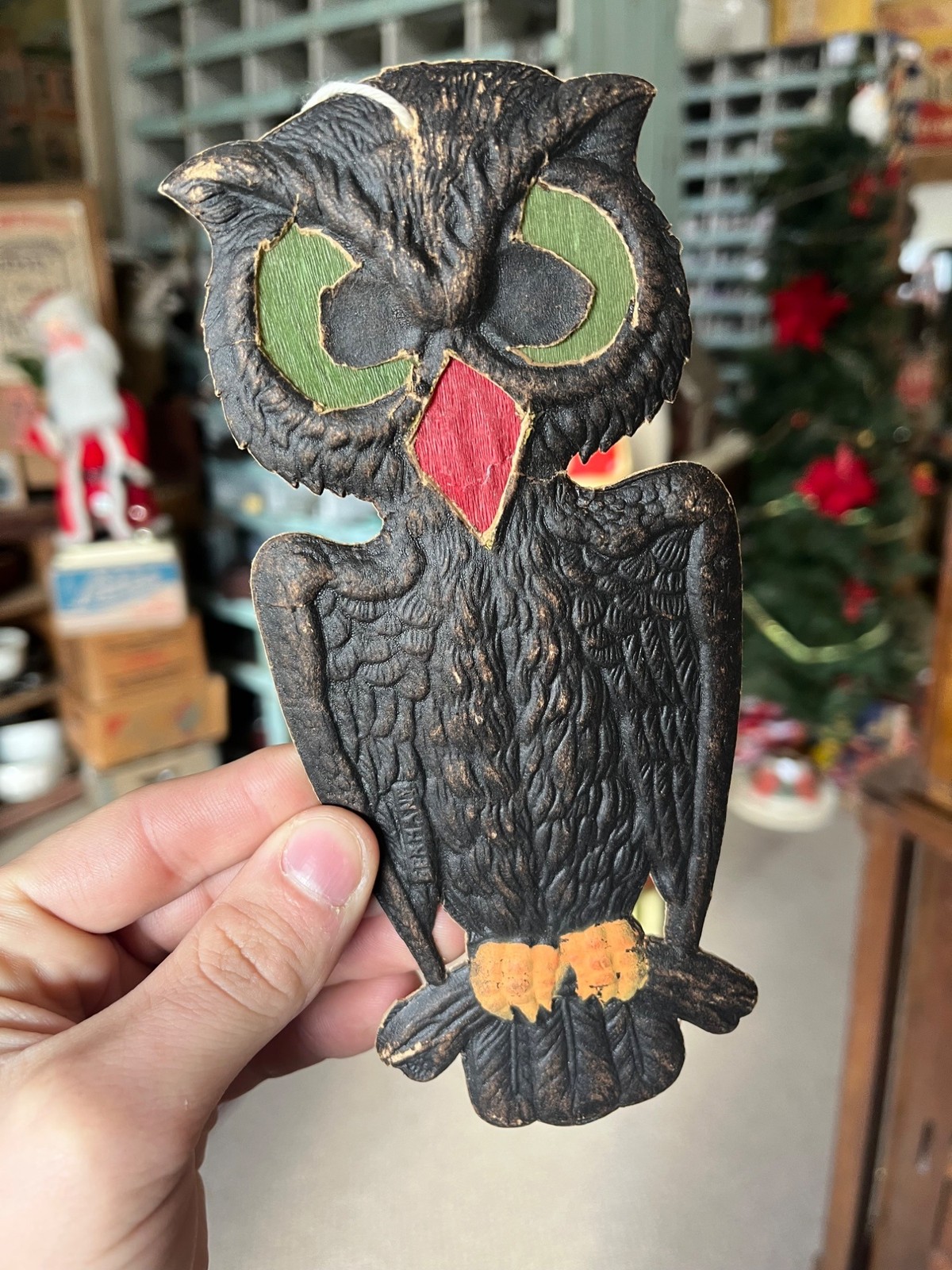 Antique 1920s German Halloween Diecut Owl 7.5 Antique 1920s German Halloween Diecut Owl 7.5