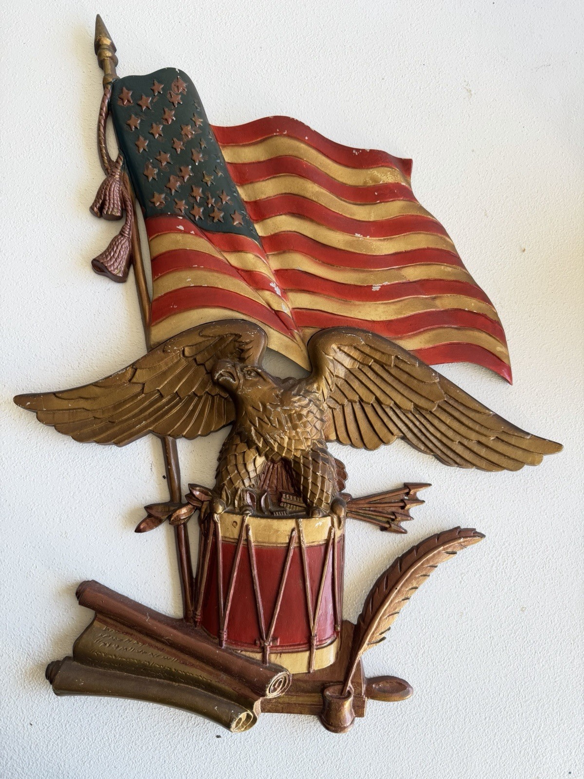 Vintage 1968 Sexton USA Metal Eagle Flag Drum Wall Plaque 22”Patriotic Americana