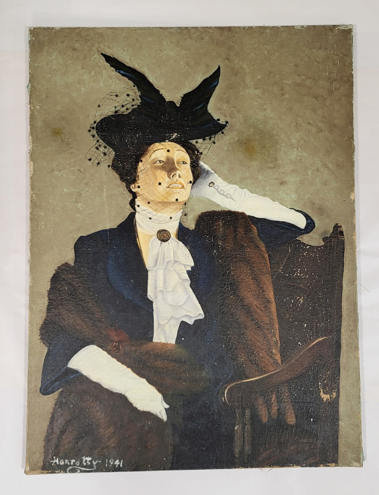 Vintage AMERICAN 20th Art Deco OIL PAINTING on CANVAS PORTRAIT by Hanratty Vintage AMERICAN 20th Art Deco OIL PAINTING on CANVAS PORTRAIT by Hanratty