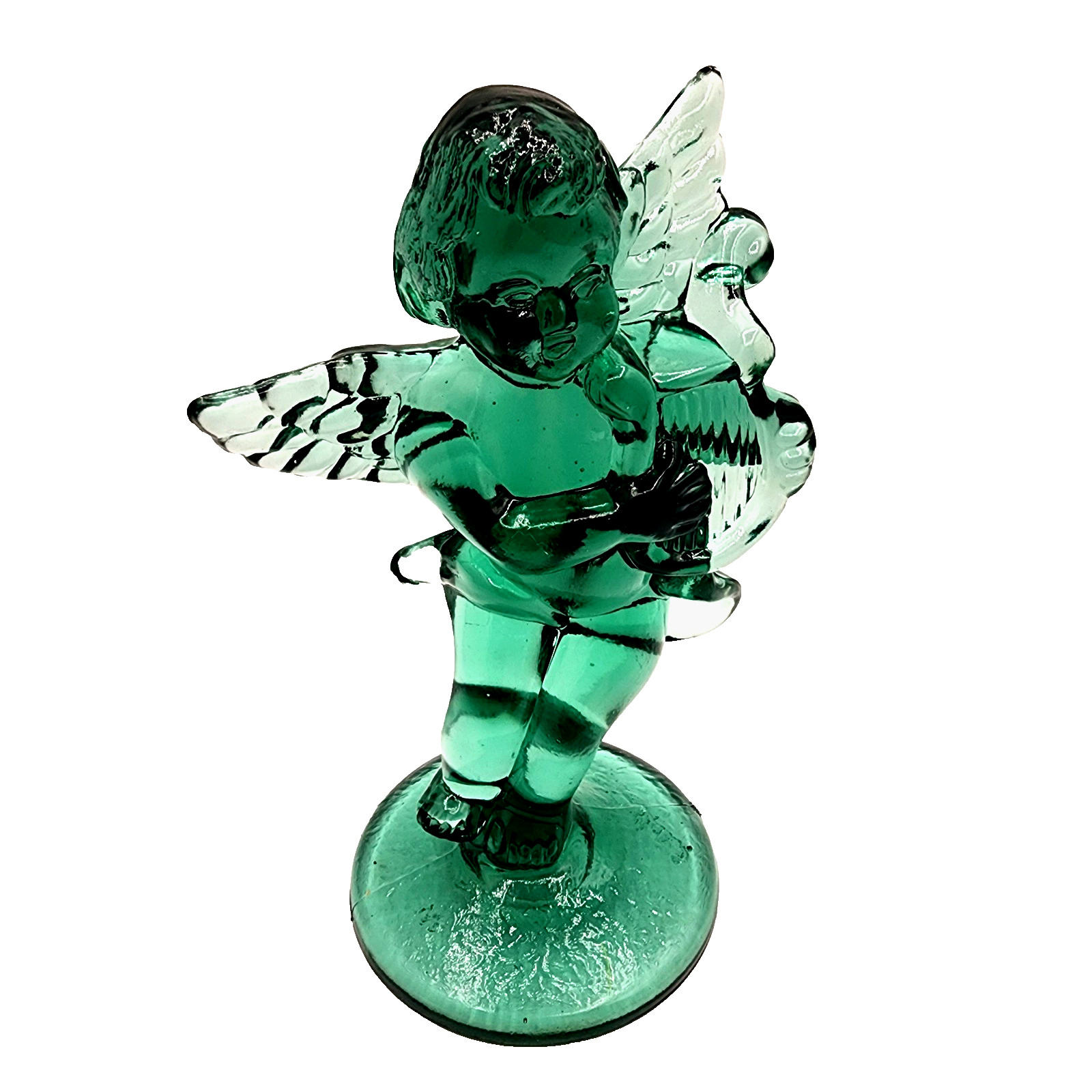 Wilkerson Glass Angel Signature Figurine W/ Harp Spruce Green Black Light Shine Wilkerson Glass Angel Signature Figurine W/ Harp Spruce Green Black Light Shine