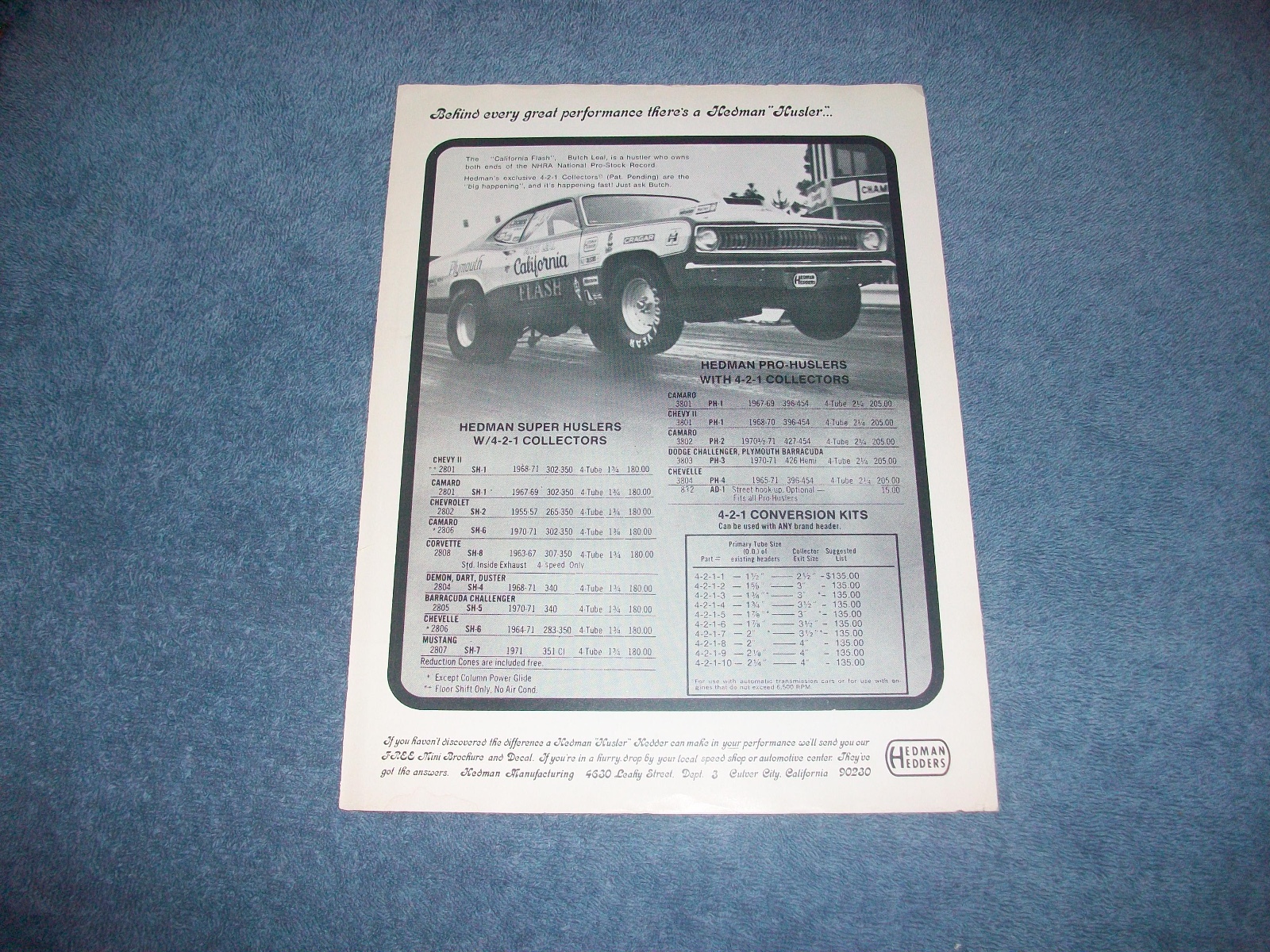 1972 Hedman Hedders Vintage Ad with Butch Leal California Flash Plymouth Duster