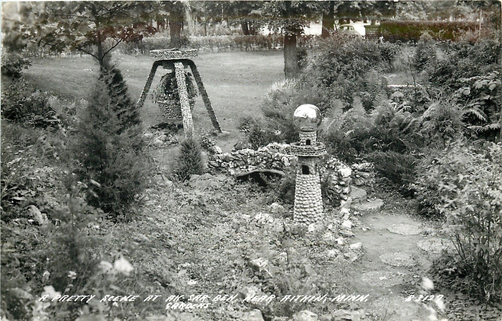 Aitkin MN~Tame Fish Lake~Ak-Sar-Ben Gardens~Rock Bridge~Chrome Ball~1940s RPPC