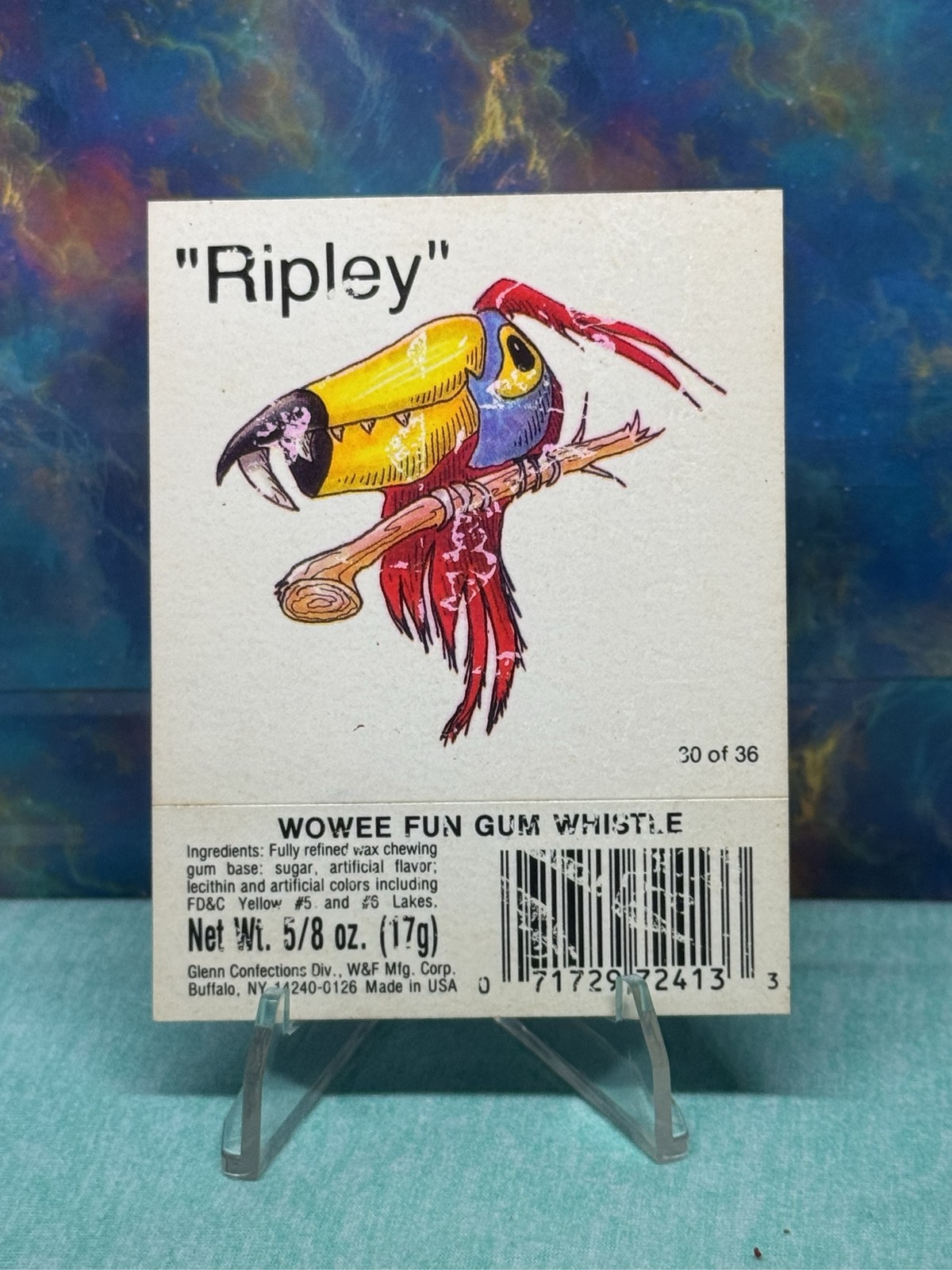 Vintage Wowee Fun Gum Whistle Ripley Parrot #30 of 36 Glenn Confections Card Vintage Wowee Fun Gum Whistle Ripley Parrot #30 of 36 Glenn Confections Card
