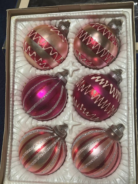 Vintage Christmas Ornaments Box of 6, MID CENTURY MODERN Glitter Stencil Germany
