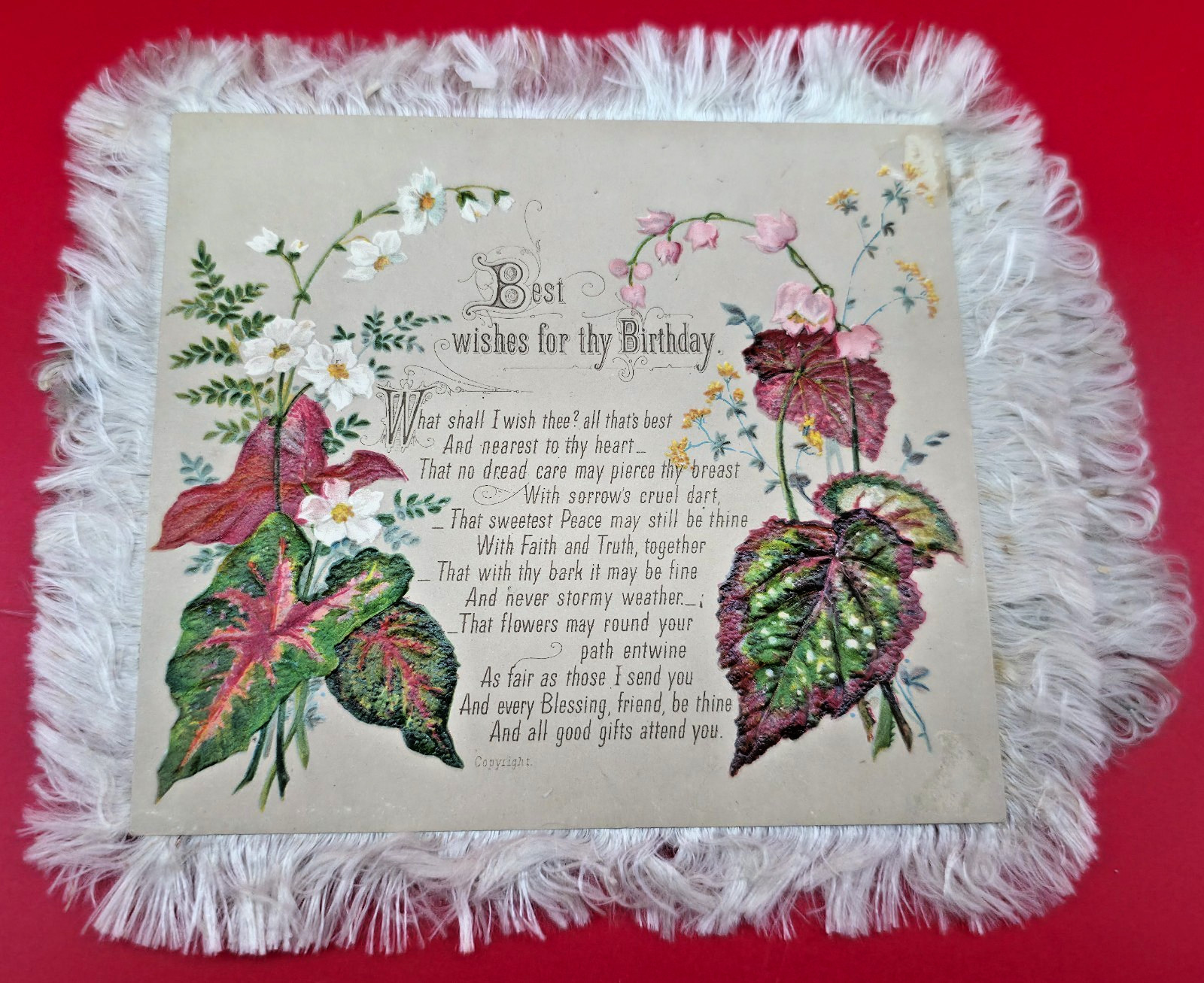 Antique Victorian Embossed Birthday Greeting Card Double-Sided + Fringe &Floral