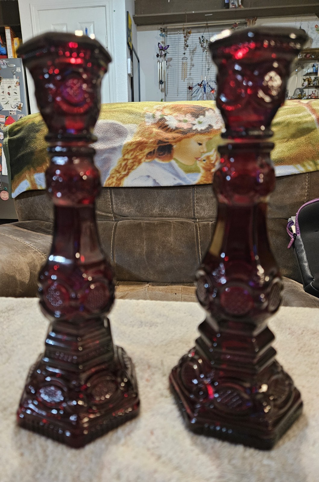 Avon Cape Cod Glass Decanters Ruby Red Candle Stick Holders 8.5