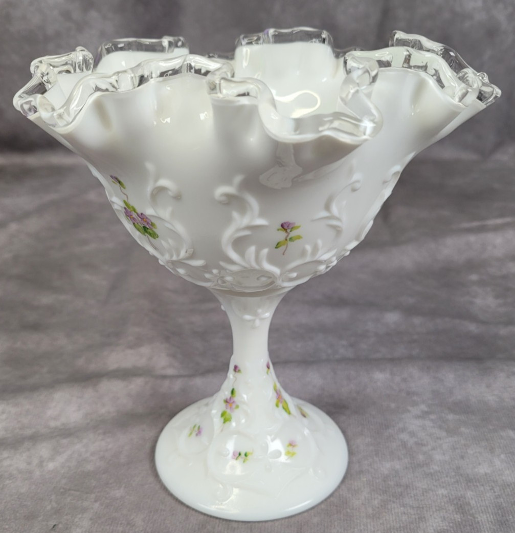 Fenton Silver Crest Compote Violets in the Snow Hand Painted Milk Glass Pedestal Fenton Silver Crest Compote Violets in the Snow Hand Painted Milk Glass Pedestal