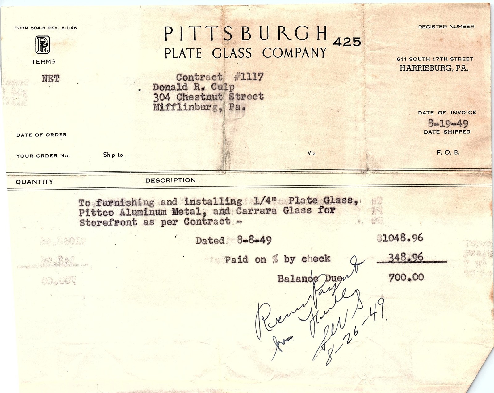 1949 Pittsburgh Plate Glass Co. Paid Storefront Invoice
