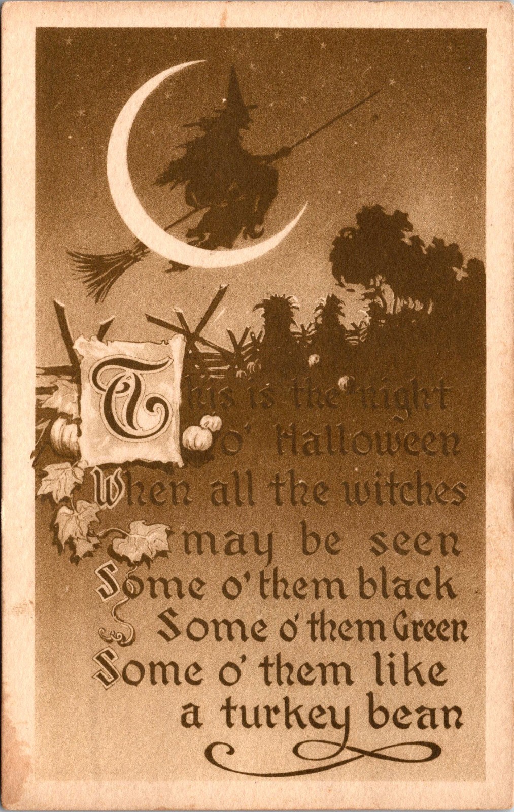 Gibson Art Halloween Flying Witch Crescent Moon Corn Stalks Postcard KB387