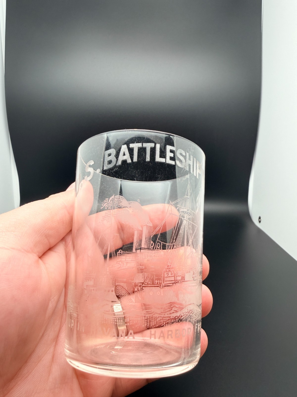 Rare Vintage 1920's US Battleship Maine Etched Glass Military Havana Harbor 